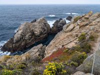 rock cliff formations with colorful vegetation on the beach side and ocean view as background with sky