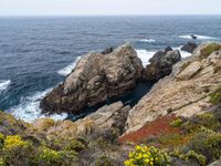 rock cliff formations with colorful vegetation on the beach side and ocean view as background with sky