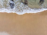 an aerial photo of the ocean waves coming in from the beach and some birds on the sand
