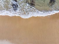 an aerial photo of the ocean waves coming in from the beach and some birds on the sand