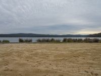 a wide area near the water has dirt in it and a few patches of grass that look like mounds