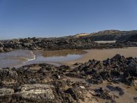 an empty sandy beach with waves and rocks at the shore line in the foreground