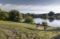 a wooden bench sitting on top of a grass covered field next to a lake and bushes