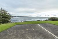 a parking area in front of the ocean with trees on each side and water on one side