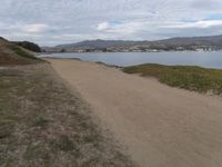 a path leads to the beach with green grass and a body of water in the distance