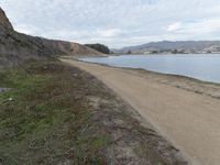 a path leads to the beach with green grass and a body of water in the distance