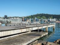 a body of water with a pier in the foreground, and buildings in the background