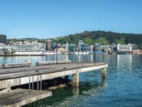 a body of water with a pier in the foreground, and buildings in the background