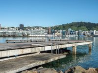 a dock in front of an urban area with a view of mountains and buildings across the water