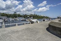 boat dock with boats docked on water and a group of people on a ramp under a cloudy sky