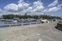 boat dock with boats docked on water and a group of people on a ramp under a cloudy sky