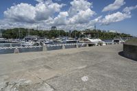 boat dock with boats docked on water and a group of people on a ramp under a cloudy sky