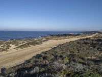 a dirt road runs near the water in front of some sand dunes and shrubs, with two people walking on it