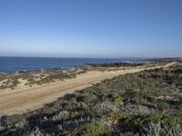 a dirt road runs near the water in front of some sand dunes and shrubs, with two people walking on it