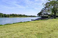 a view of a boat dock in a small area of grass next to the water