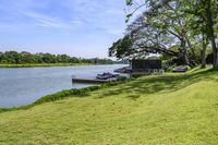 a view of a boat dock in a small area of grass next to the water