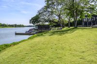 a view of a boat dock in a small area of grass next to the water