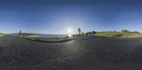 a 360 - ball view of the street as seen from the top of a hill