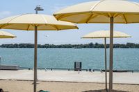 two large yellow umbrellas sit at the end of a sidewalk on a lakefront