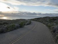 the road winds through the desert near the water with clouds at sunset above it and a few shrubs below