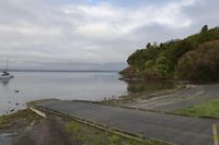 the road is next to the water and a dock in the middle of it is surrounded by trees and grass