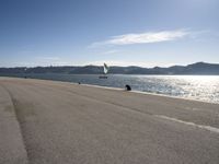 two people on a shore line flying kites next to the ocean in spain and europe