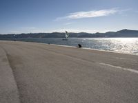 two people on a shore line flying kites next to the ocean in spain and europe