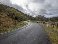 an empty road stretches along a forested hillside and water is in the distance under gray, grey clouds