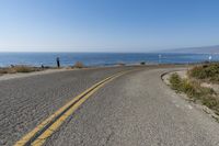 a curvy road runs along the shore of the ocean with the horizon in the distance