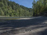 a body of water surrounded by lots of trees, near mountains and grass area with a bike parked