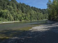 a body of water surrounded by lots of trees, near mountains and grass area with a bike parked