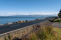 a lone road passing along the ocean side, with rocks and plants in foreground