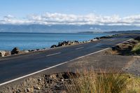 a lone road passing along the ocean side, with rocks and plants in foreground