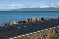 a lone road passing along the ocean side, with rocks and plants in foreground