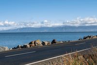 a lone road passing along the ocean side, with rocks and plants in foreground