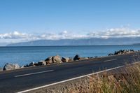 a lone road passing along the ocean side, with rocks and plants in foreground