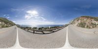 three sides by side images of road with ocean in background and sun in sky overhead