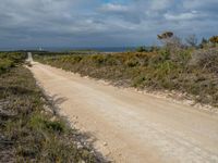 a dirt road near some grass and bushes along the beach, with a lighthouse on the horizon