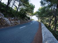 a paved highway curves around the edge of a cliff, with several trees behind it