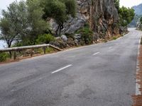 a winding road lined with trees near a mountain range and large rocks in the background