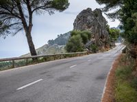 a winding road lined with trees near a mountain range and large rocks in the background