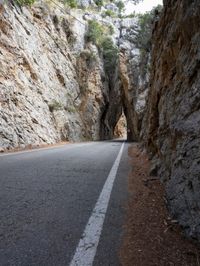 an open, empty mountain road lined by large rocky cliffs with tall trees on either side