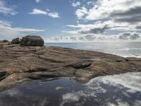 a photo taken by someone looking out over the ocean on rocks in the foreground is water and some sky