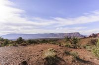 a scenic landscape of red cliffs and sparse grass in desert area with rocks and bushes