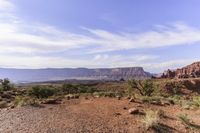 a scenic landscape of red cliffs and sparse grass in desert area with rocks and bushes