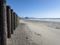 a line of old wooden posts along a sandy beach shoreline to sea water and mountains in the distance