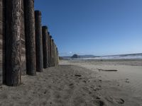 a line of old wooden posts along a sandy beach shoreline to sea water and mountains in the distance