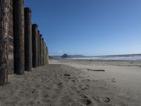 a line of old wooden posts along a sandy beach shoreline to sea water and mountains in the distance