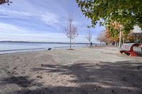 the sidewalk has stones on it near the water of the lake with trees and benches along it