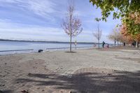 the sidewalk has stones on it near the water of the lake with trees and benches along it